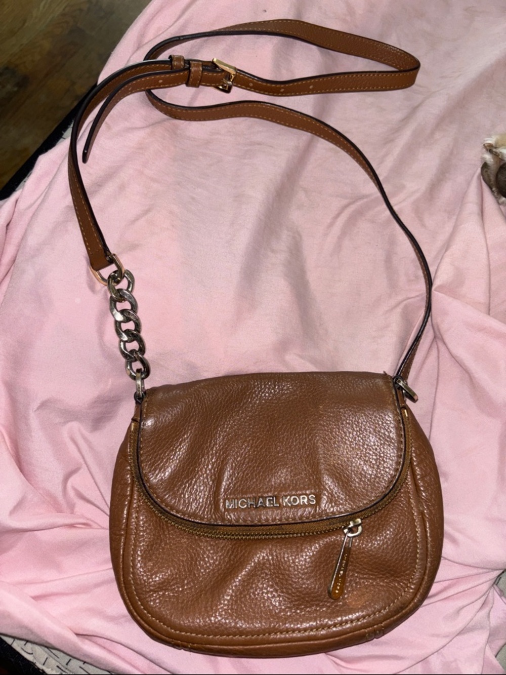 Michael Kors Cognac Leather Crossbody with mini bag Chain Strap